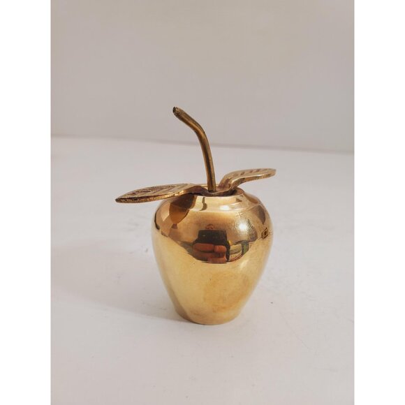 Small Vintage Brass Apple with Stem and Leaf - Picture 10 of 10